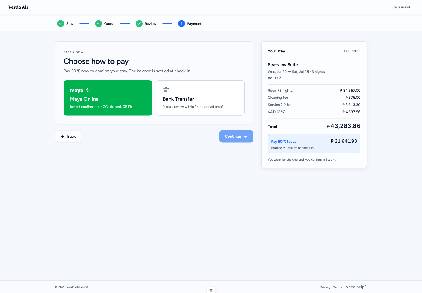 Guest booking — payment options