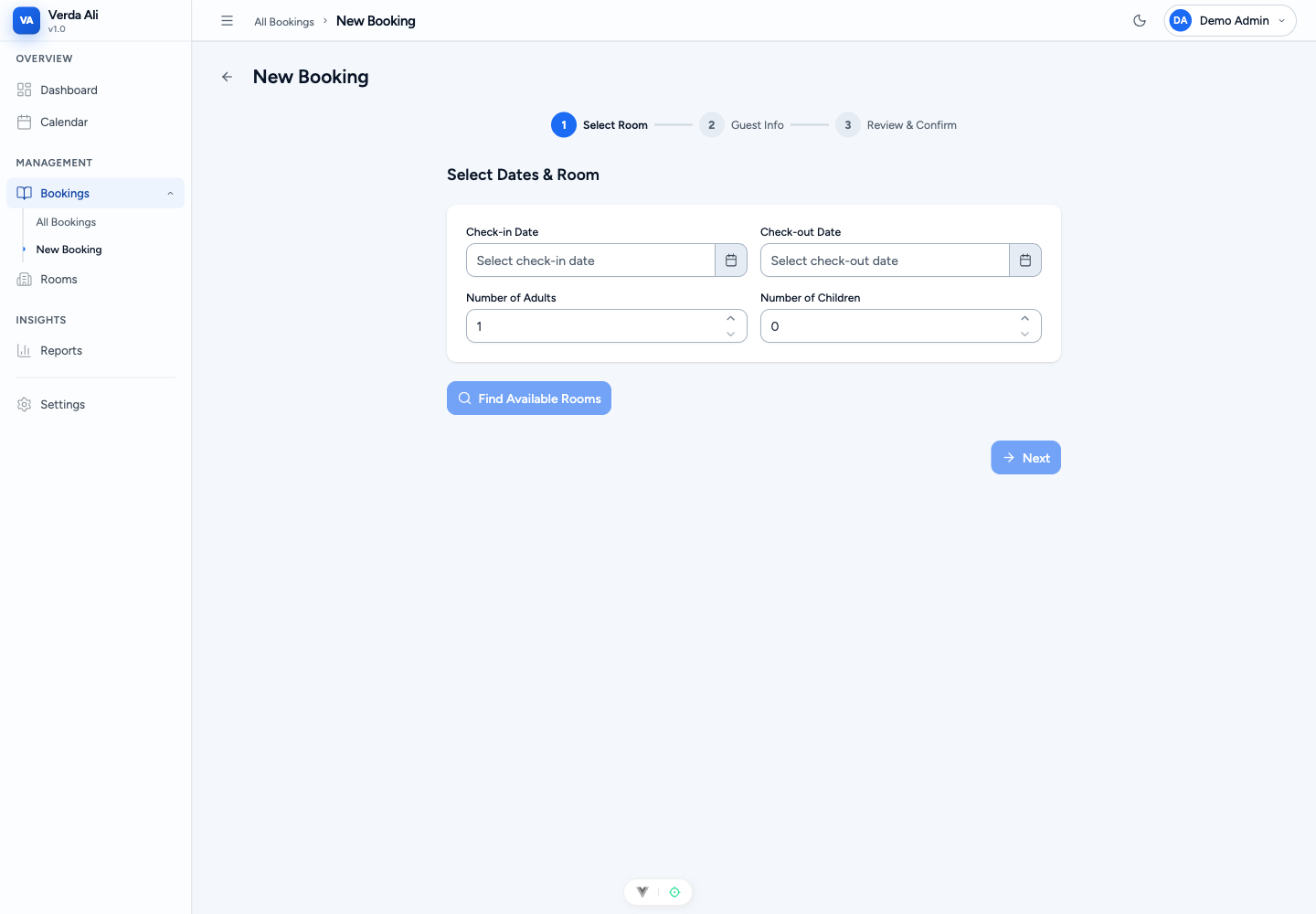 Manage app — new walk-in booking wizard